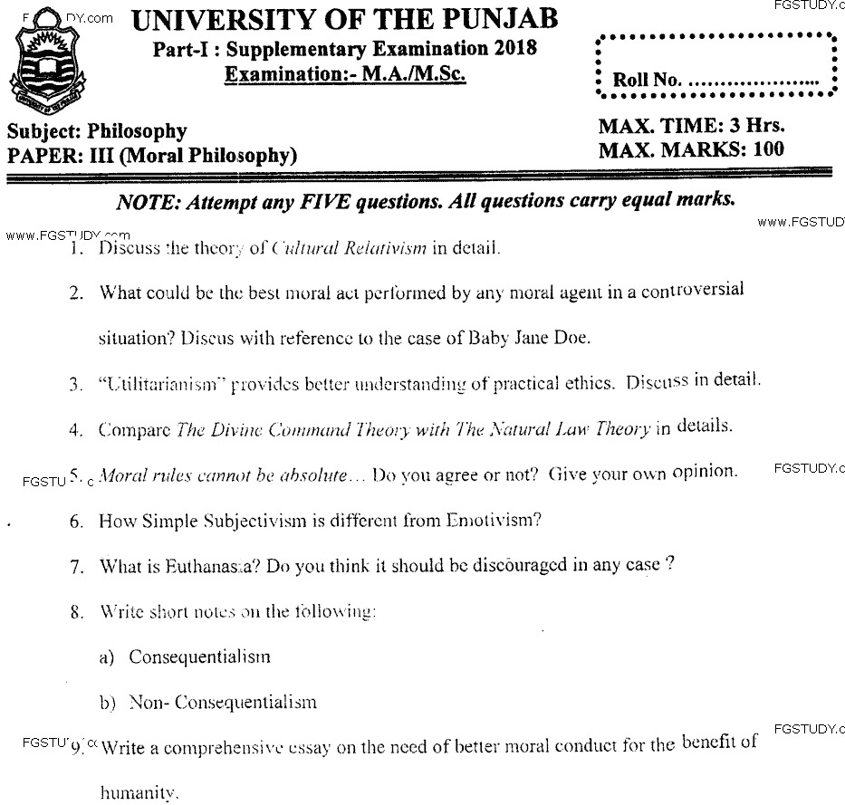 MA Part 1 Philosophy Moral Philosophy Past Paper 2018 Punjab University
