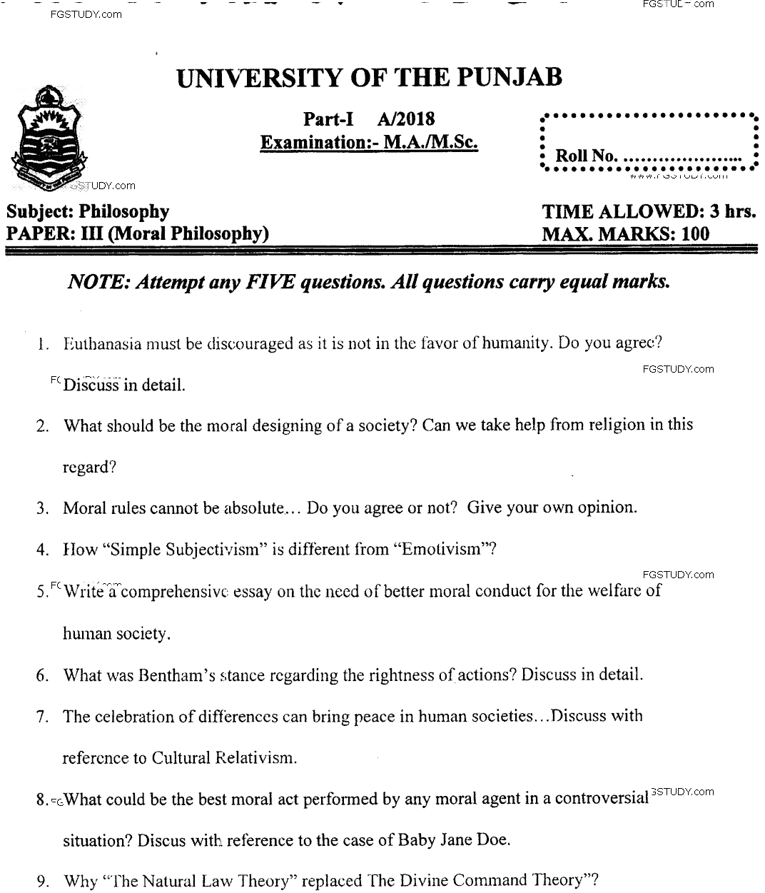 MA Part 1 Philosophy Moral Philosophy Past Paper 2018 Punjab University