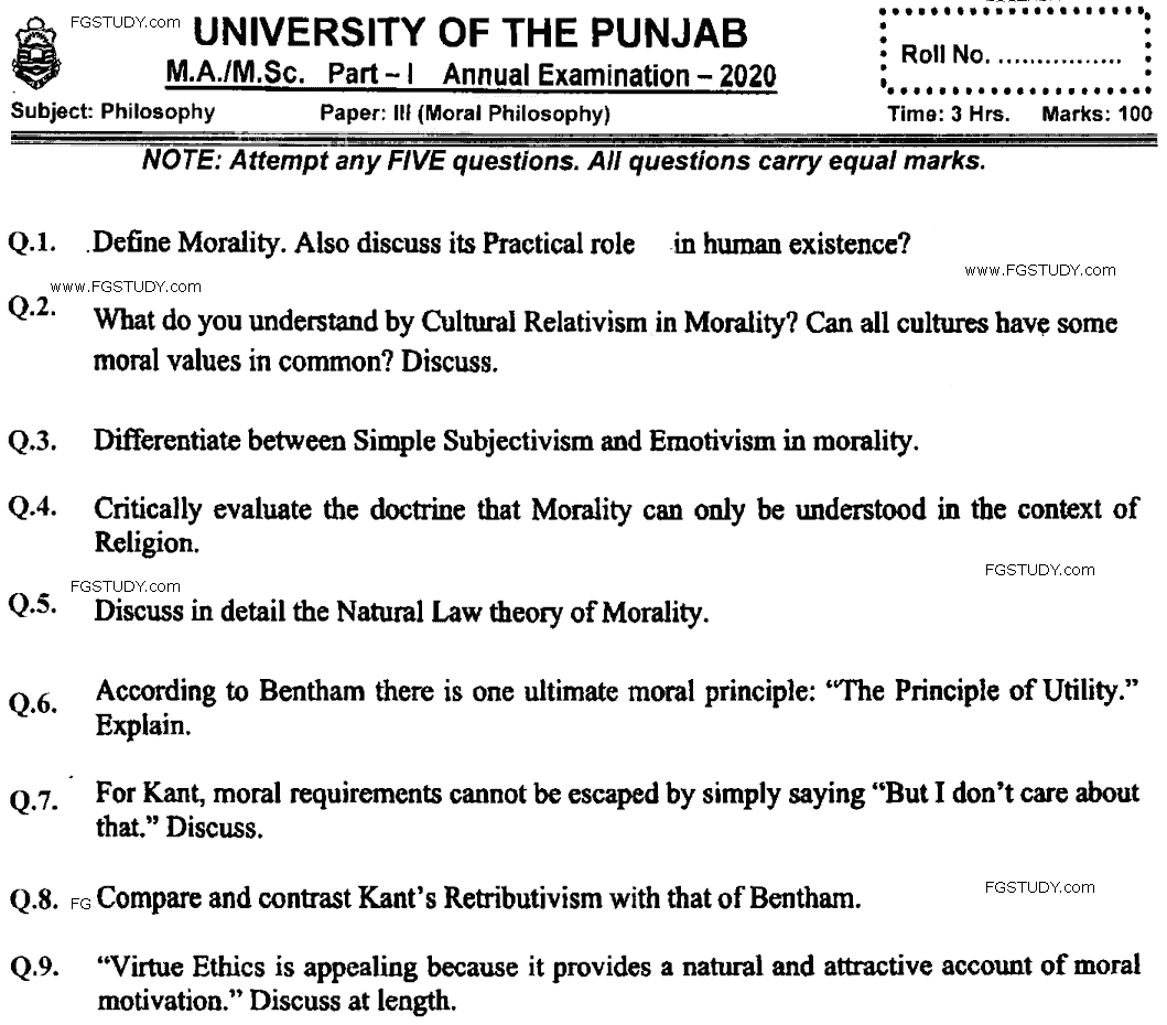 MA Part 1 Philosophy Moral Philosophy Past Paper 2020 Punjab University