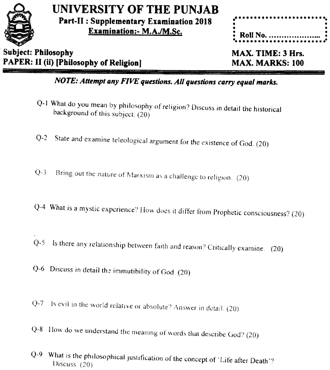 MA Part 2 Philosophy Philosophy Of Religion Past Paper 2018 Punjab University