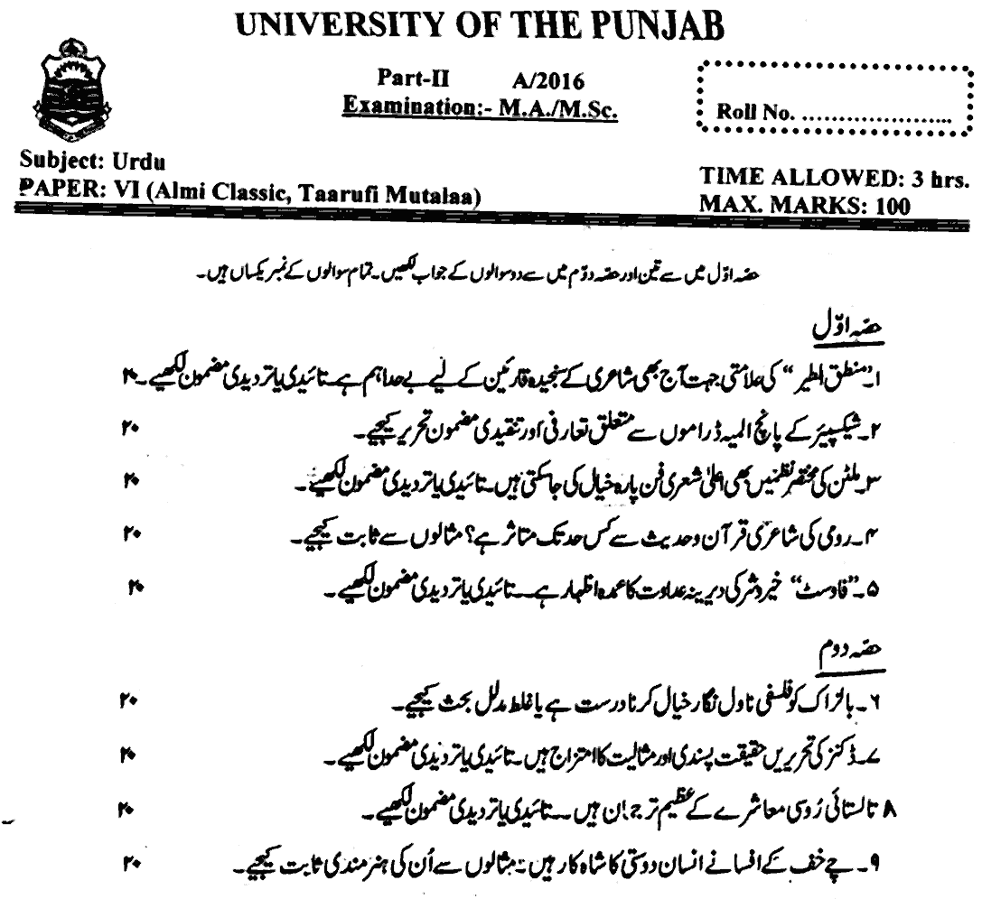 MA Part 2 Urdu Almi Classic Taarufi Mutalaa Past Paper 2016 Punjab University