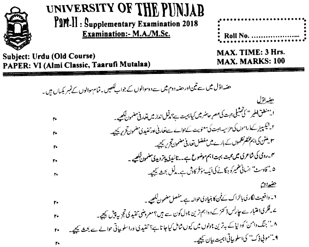 MA Part 2 Urdu Almi Classic Taarufi Mutalaa Past Paper 2018 Punjab University