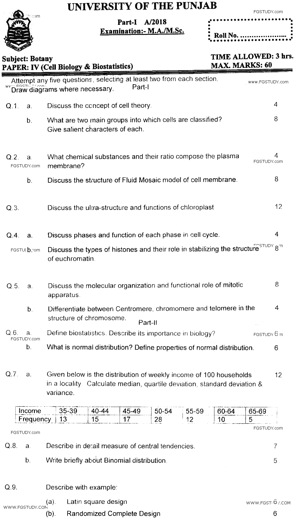 MSc Part 1 Botany Cell Biology And Biostatistics Past Paper 2018 Punjab University Subjective