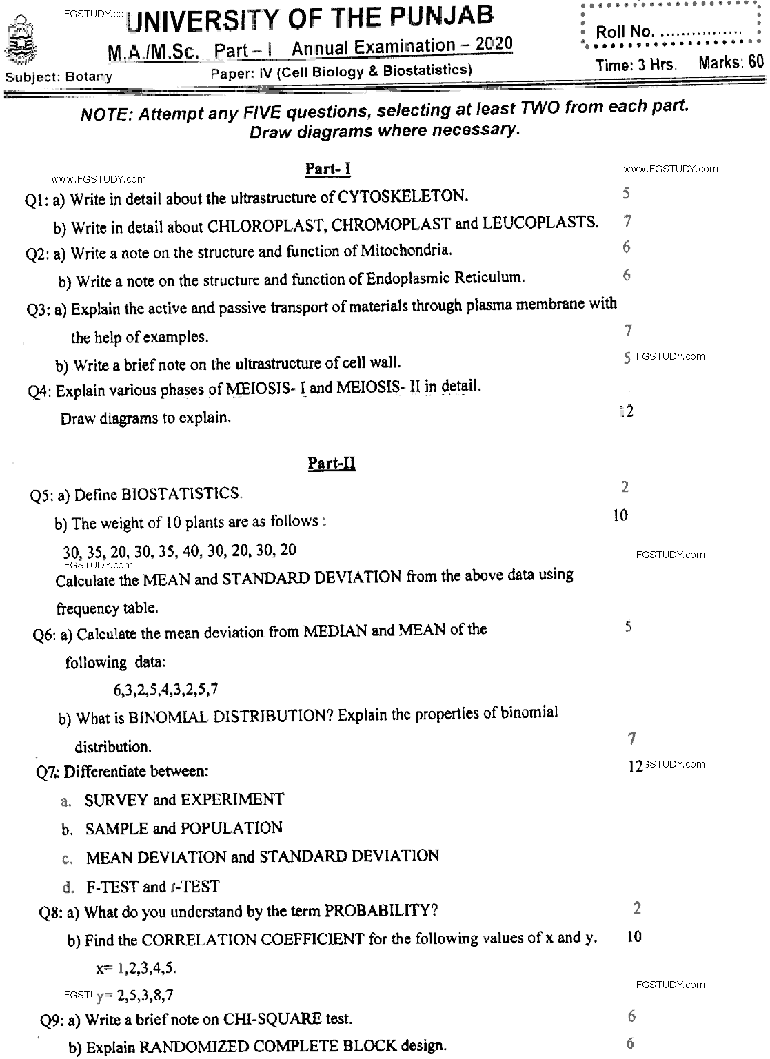 MSc Part 1 Botany Cell Biology And Biostatistics Past Paper 2020 Punjab University Subjective