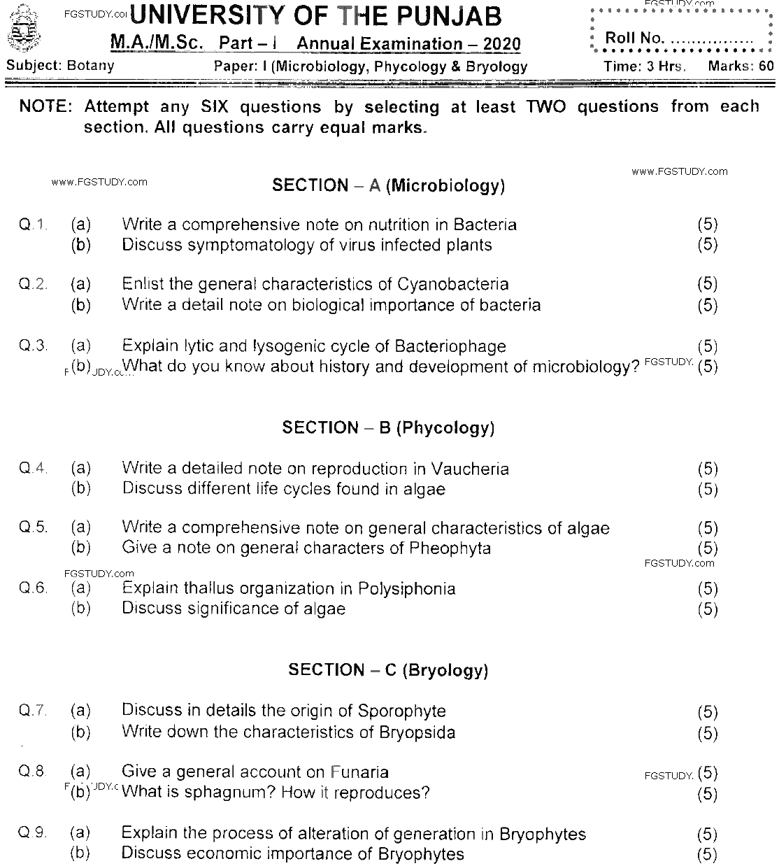 MSc Part 1 Botany Microbiology Phycology And Bryology Past Paper 2020 Punjab University Subjective