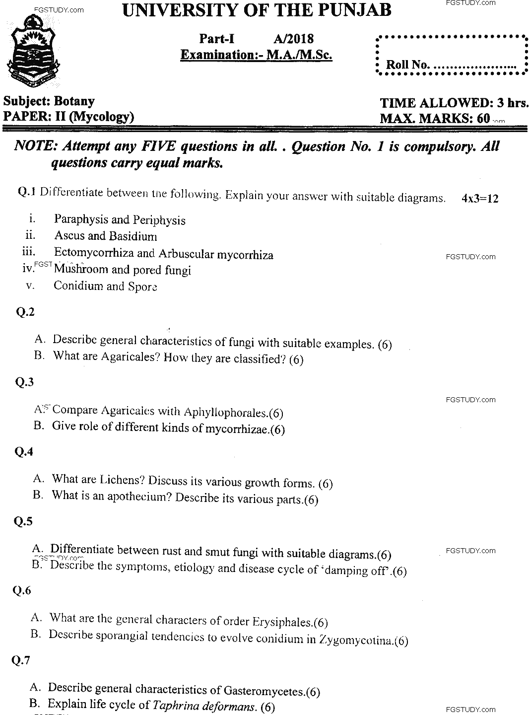 MSc Part 1 Botany Mycology Past Paper 2018 Punjab University Subjective