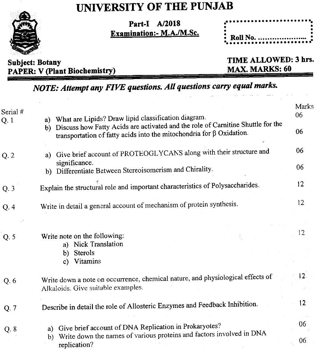 MSc Part 1 Botany Plant Biochemistry Past Paper 2018 Punjab University Subjective
