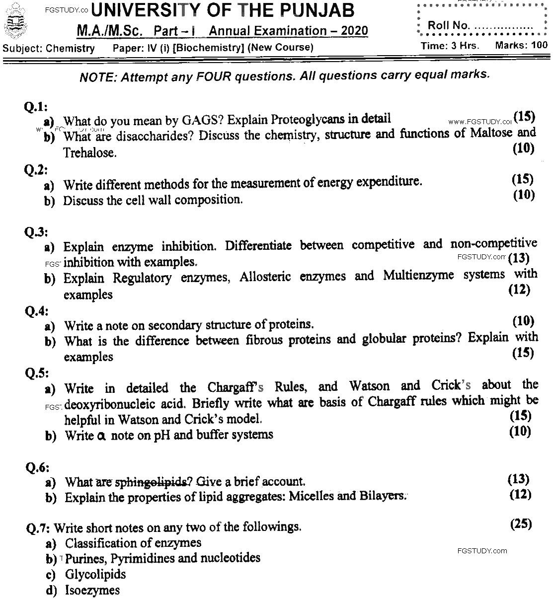 MSc Part 1 Chemistry Biochemistry Past Paper 2020 Punjab University Subjective
