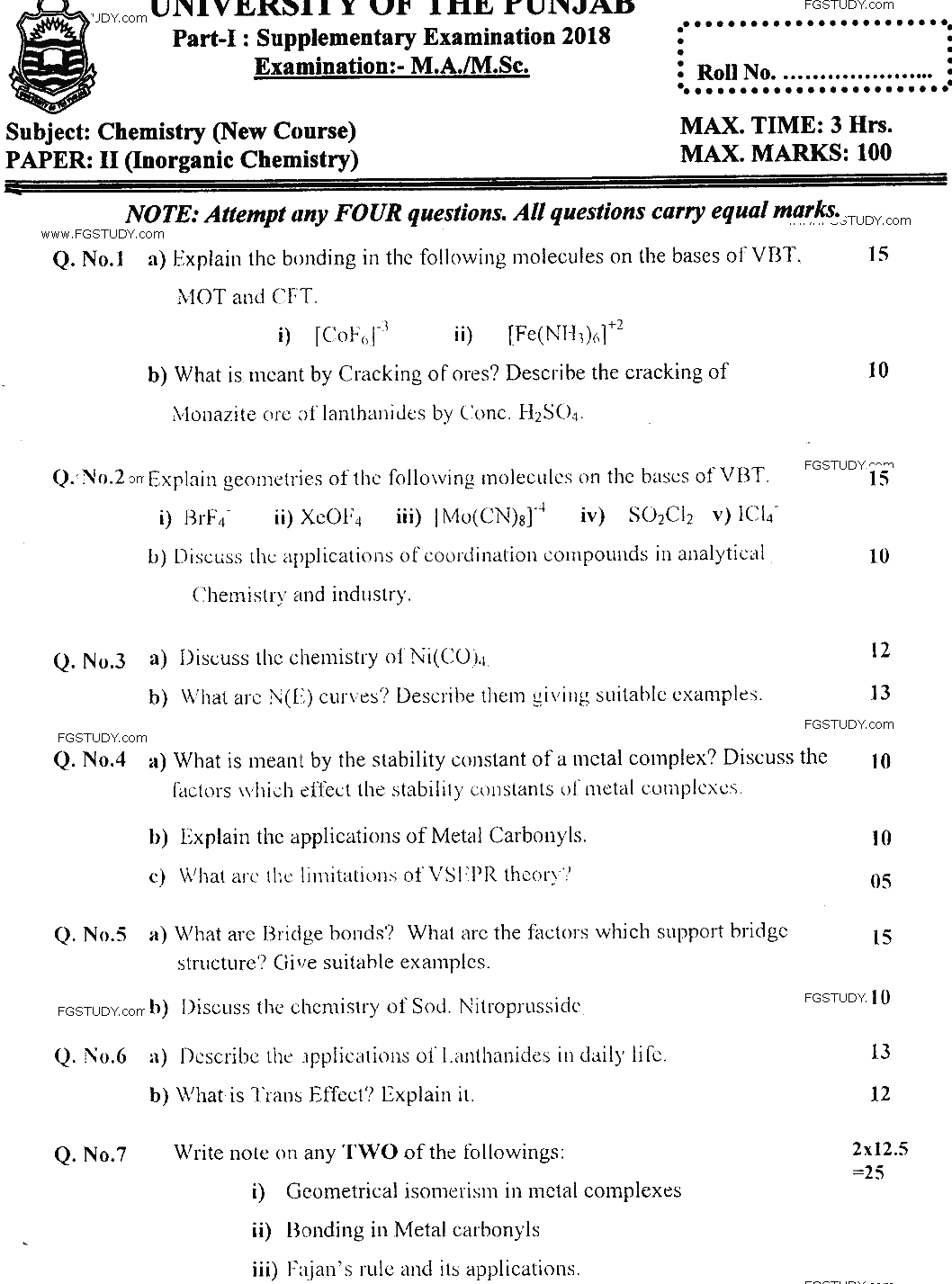 MSc Part 1 Chemistry Inorganic Chemistry Past Paper 2018 Punjab University Subjective