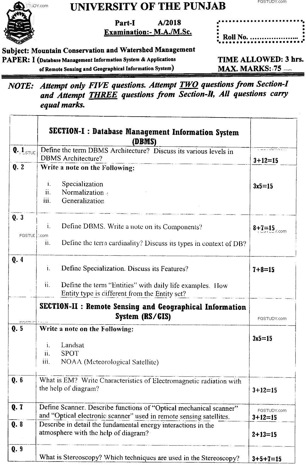 MSc Part 1 Mountain Conservation And Watershed Management Database Management Information System And Applications Of Remote Sensing And Geographical Information System Past Paper 2018 Punjab University Subjective