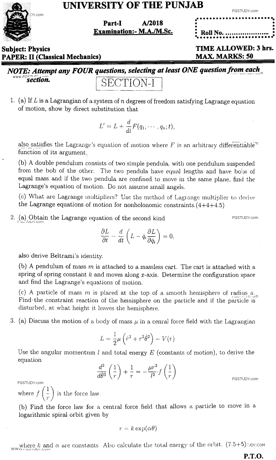 MSc Part 1 Physics Classical Mechanics Past Paper 2018 Punjab University Subjective