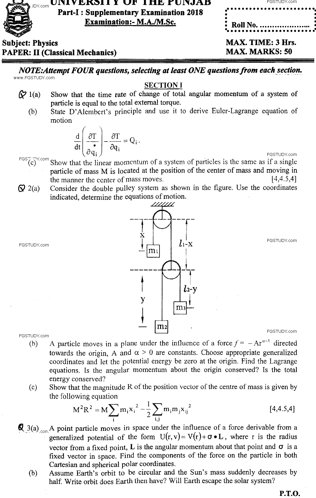 MSc Part 1 Physics Classical Mechanics Past Paper 2018 Punjab University Subjective