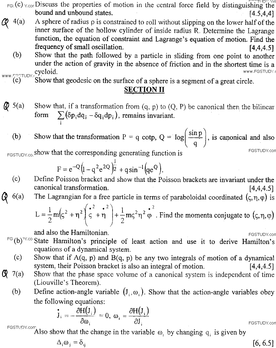 MSc Part 1 Physics Classical Mechanics Past Paper 2018 Punjab University Subjective
