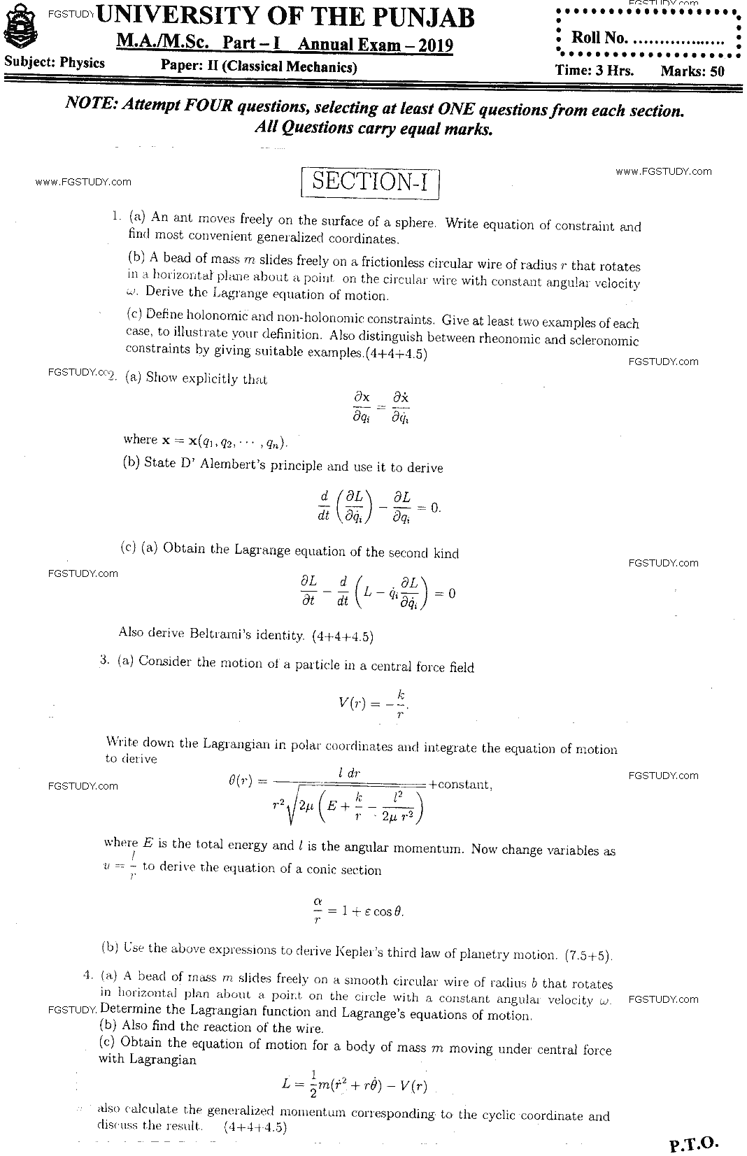MSc Part 1 Physics Classical Mechanics Past Paper 2019 Punjab University Subjective