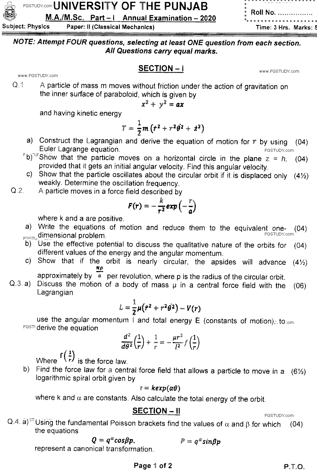 MSc Part 1 Physics Classical Mechanics Past Paper 2020 Punjab University Subjective