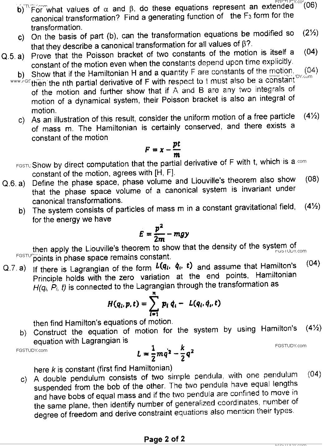 MSc Part 1 Physics Classical Mechanics Past Paper 2020 Punjab University Subjective