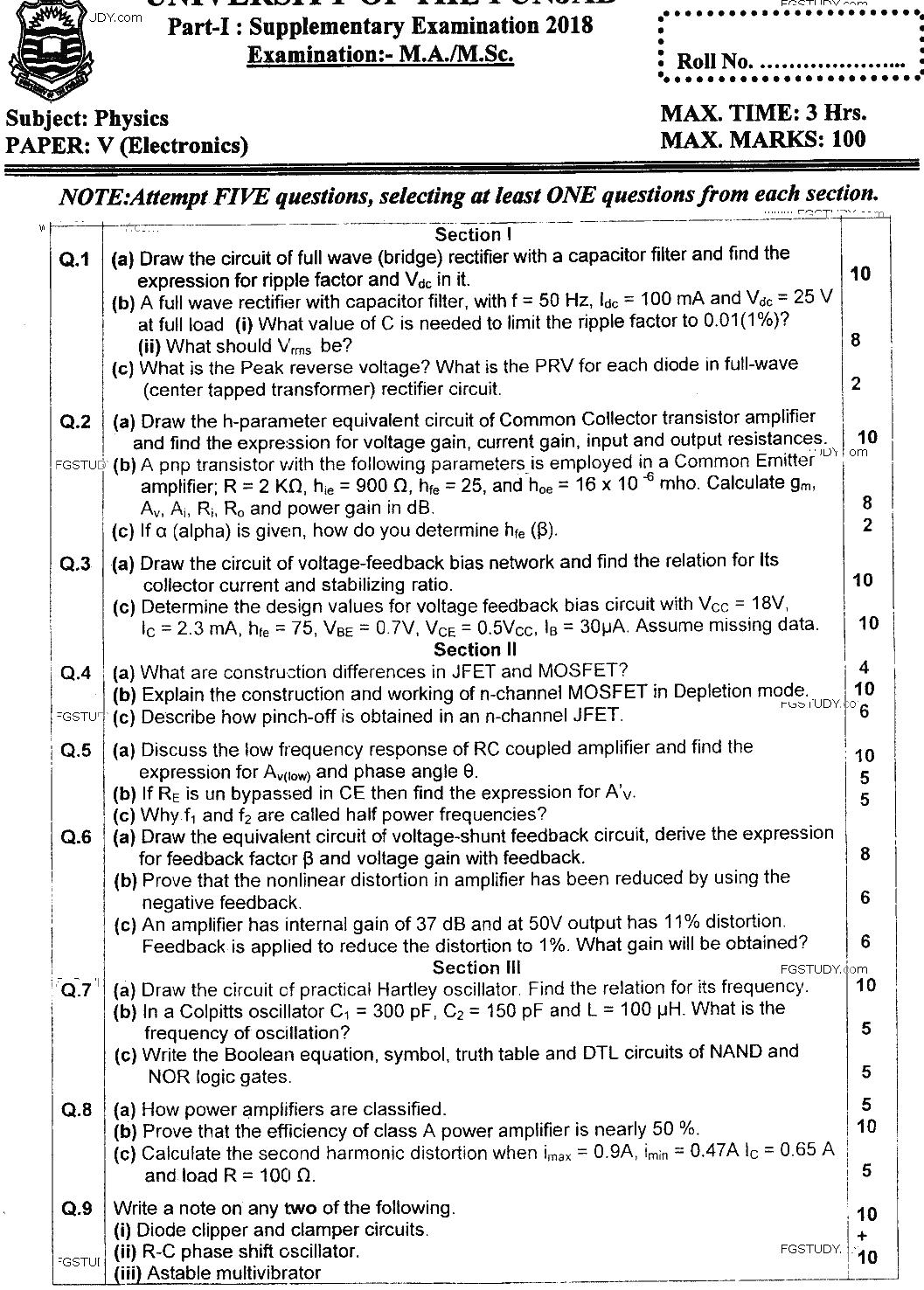 MSc Part 1 Physics Electronics Past Paper 2018 Punjab University Subjective