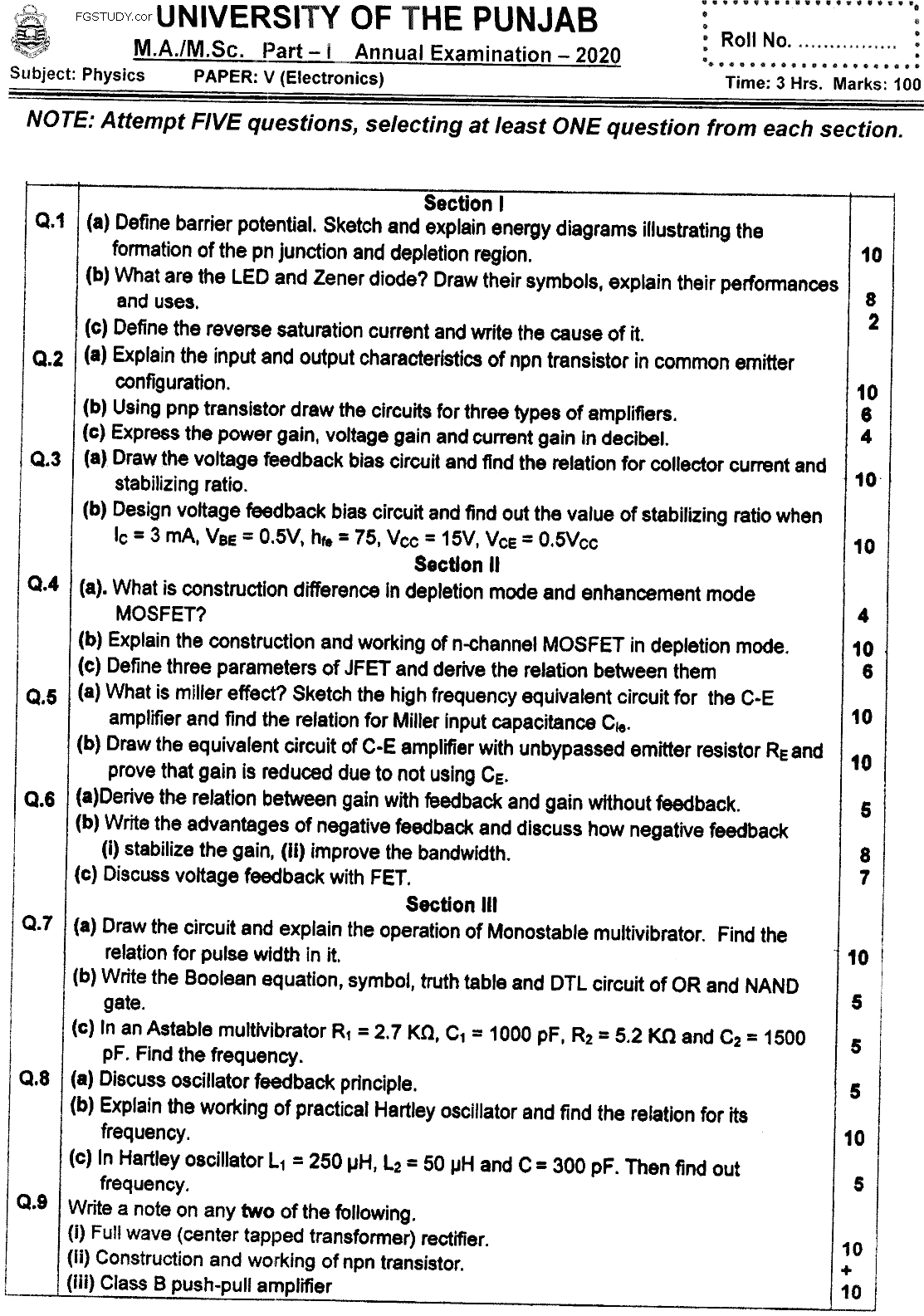 MSc Part 1 Physics Electronics Past Paper 2020 Punjab University Subjective