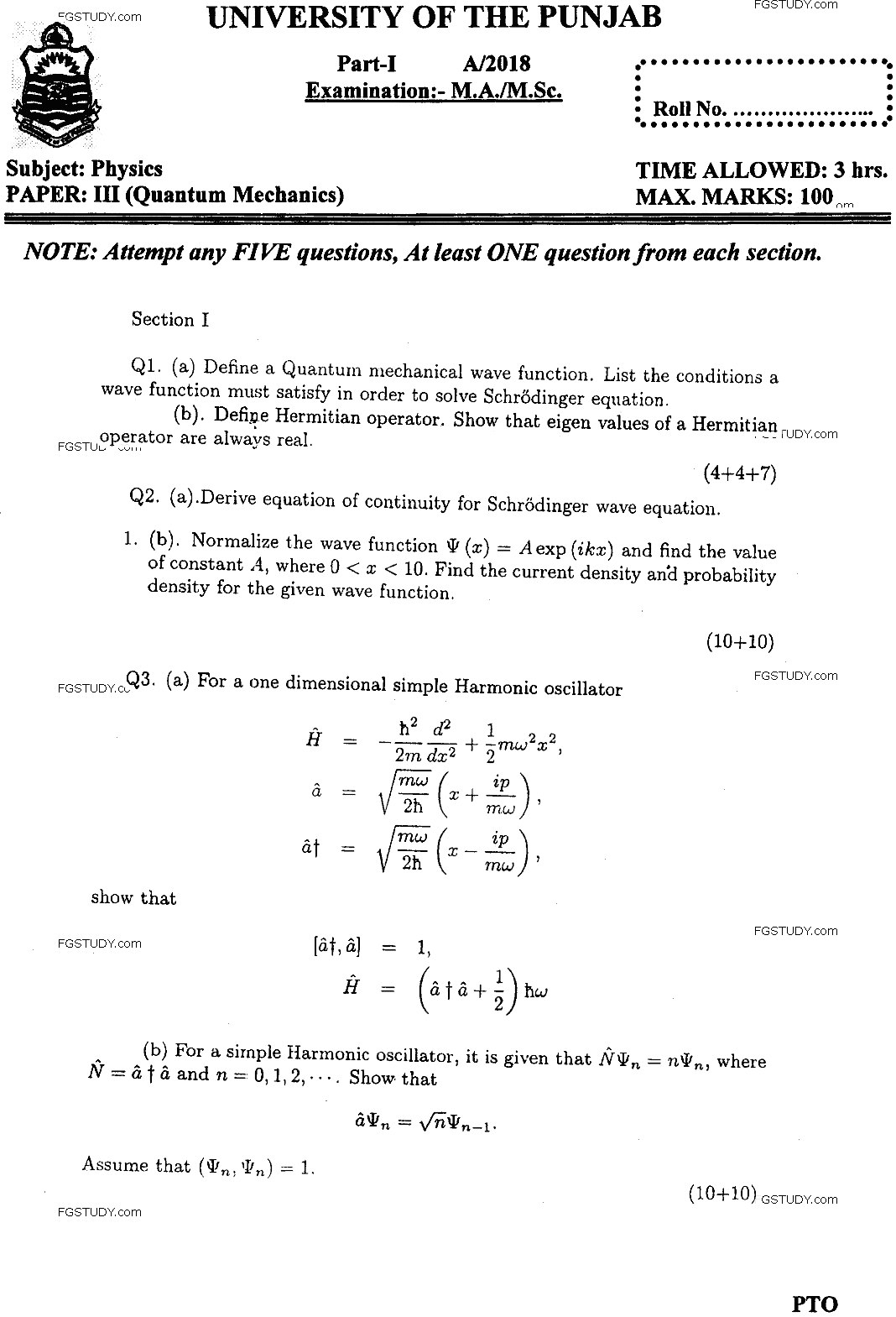 MSc Part 1 Physics Quantum Mechanics Past Paper 2018 Punjab University Subjective