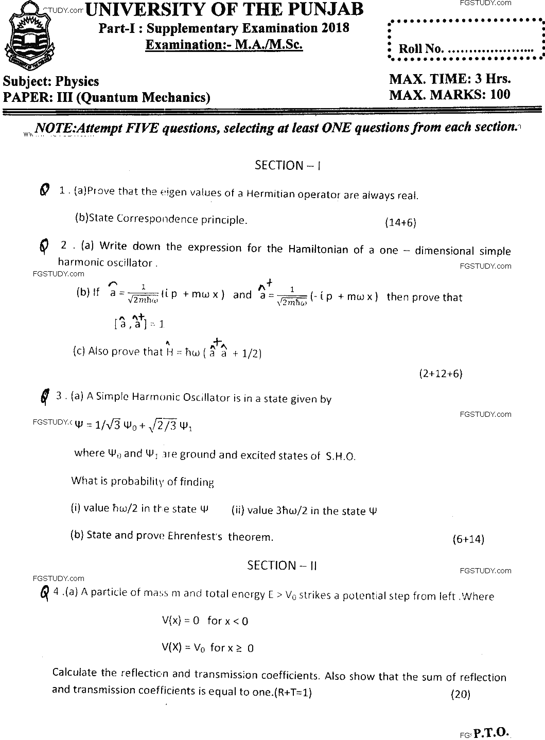 MSc Part 1 Physics Quantum Mechanics Past Paper 2018 Punjab University Subjective