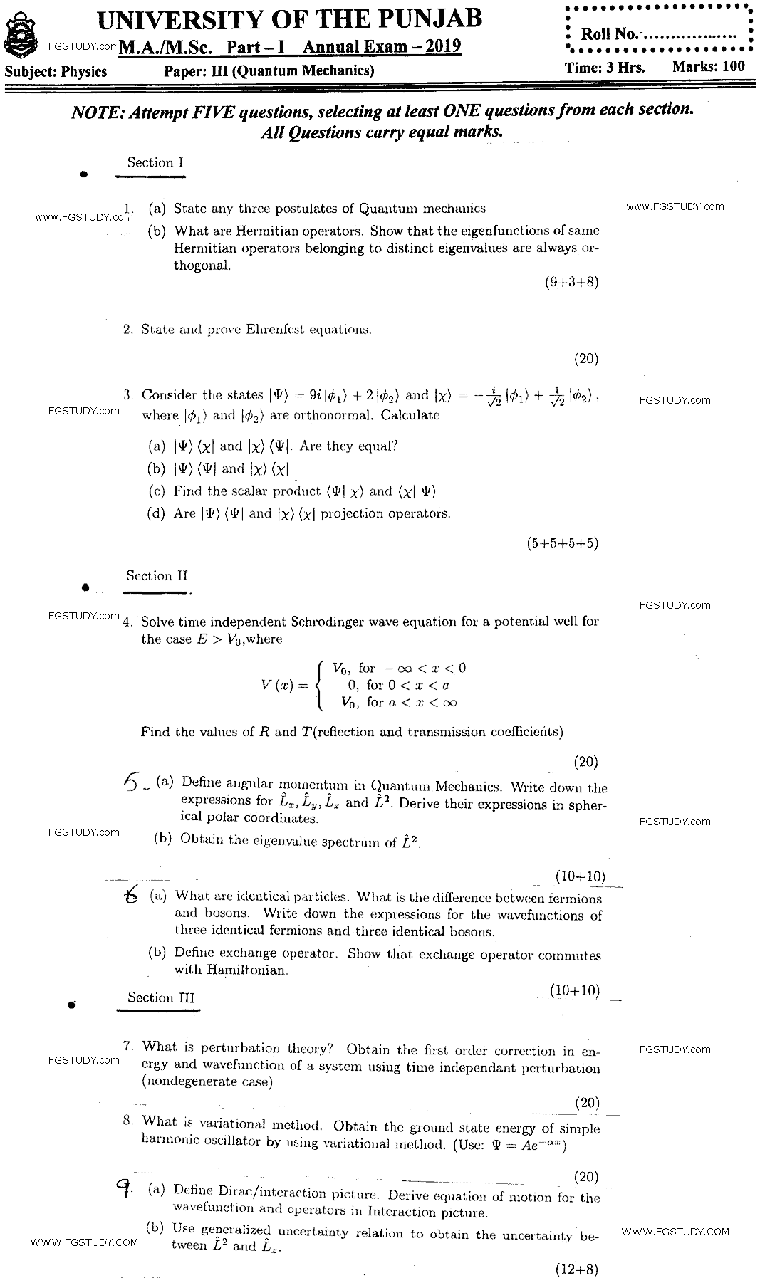 MSc Part 1 Physics Quantum Mechanics Past Paper 2019 Punjab University Subjective