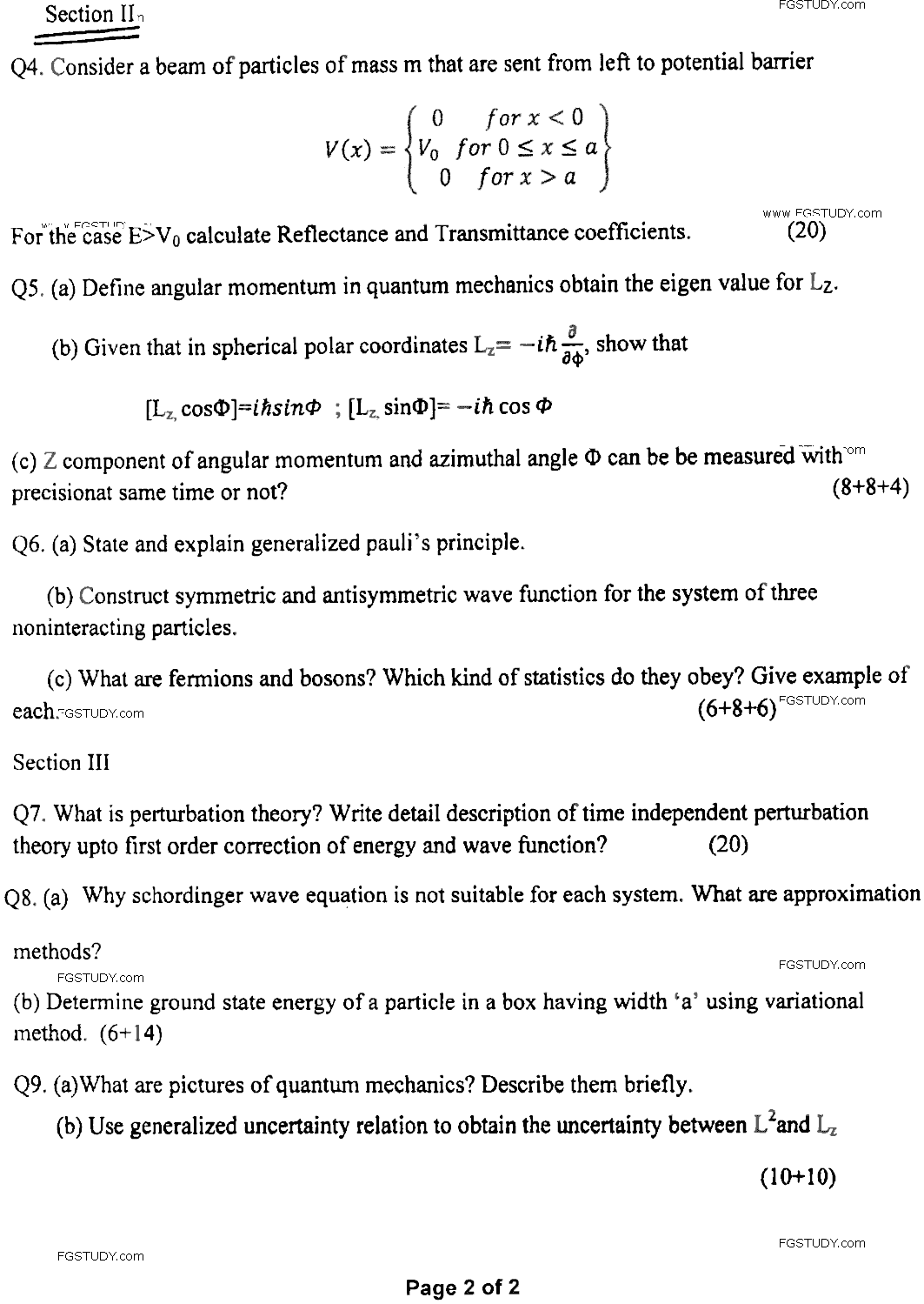 MSc Part 1 Physics Quantum Mechanics Past Paper 2020 Punjab University Subjective