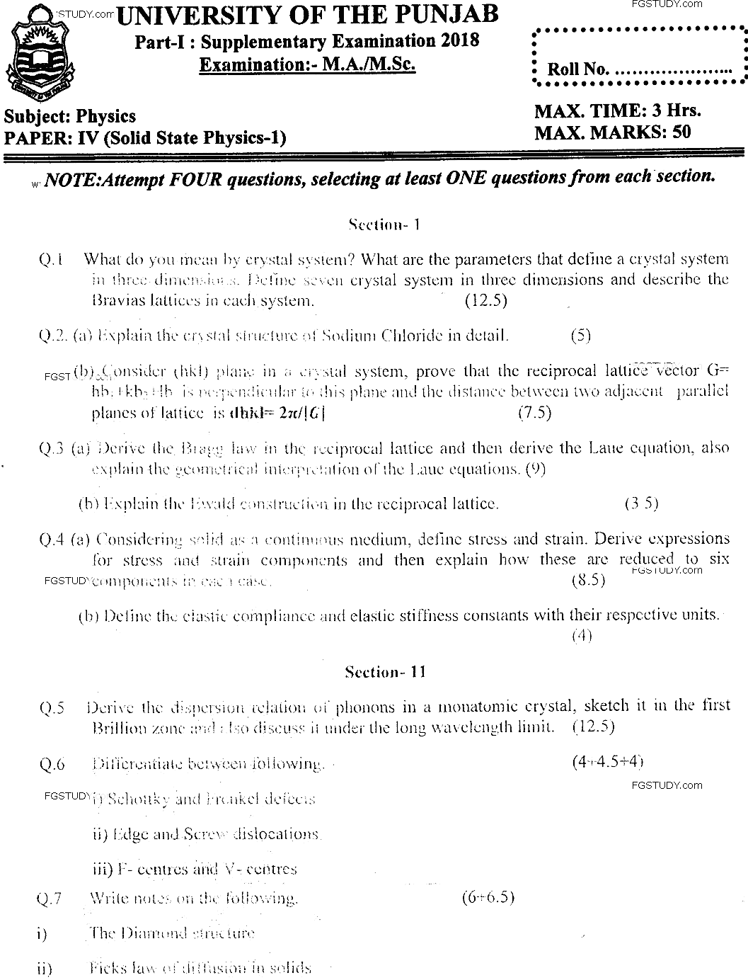 MSc Part 1 Physics Solid State Physics 1 Past Paper 2018 Punjab University Subjective