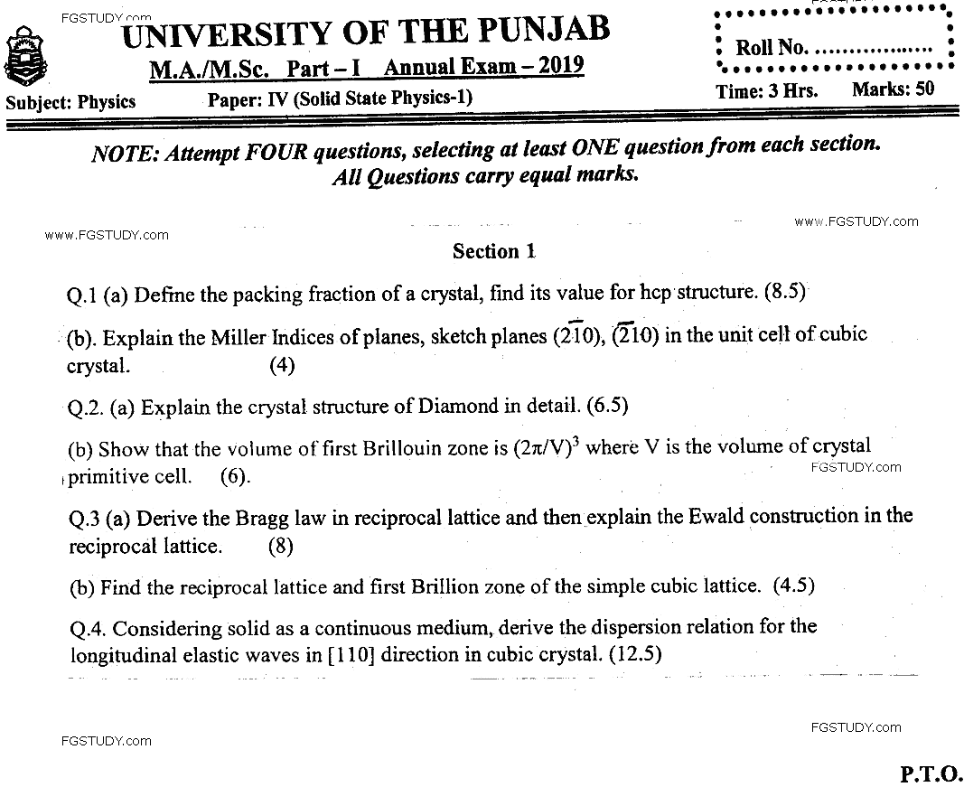 MSc Part 1 Physics Solid State Physics 1 Past Paper 2019 Punjab University Subjective