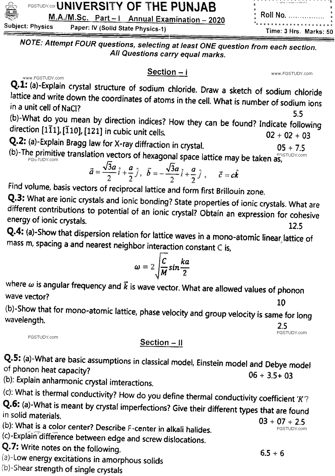 MSc Part 1 Physics Solid State Physics 1 Past Paper 2020 Punjab University Subjective