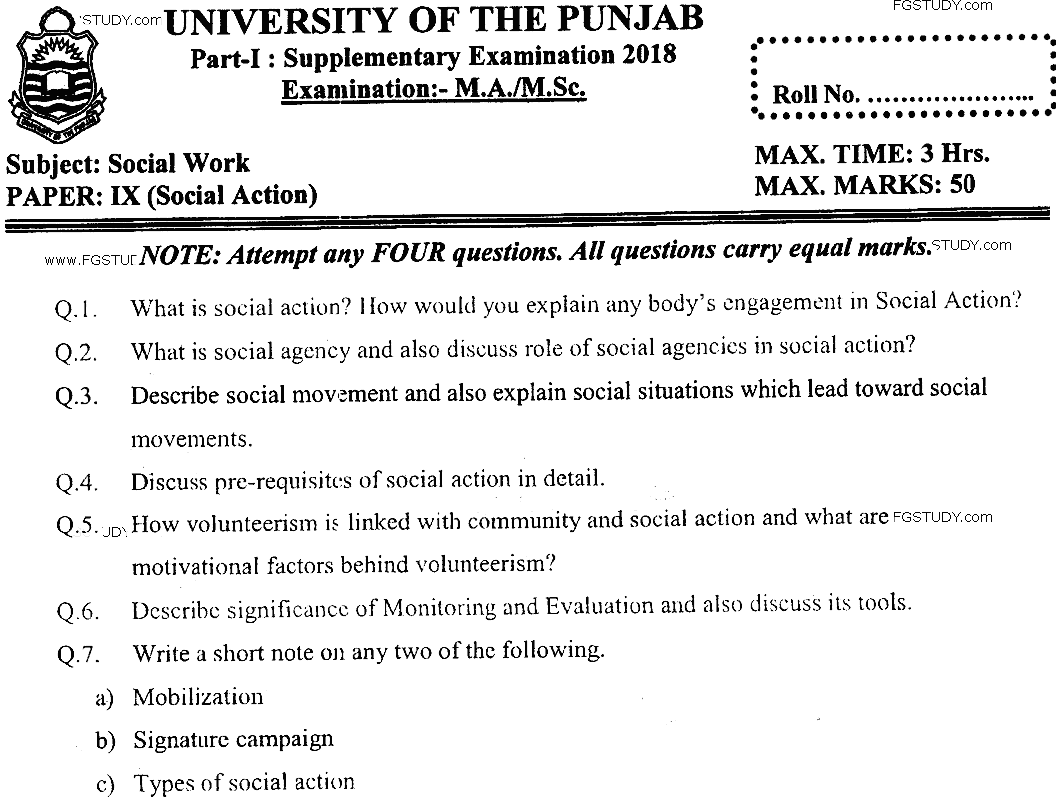 MSc Part 1 Social Work Social Action Past Paper 2018 Punjab University Subjective