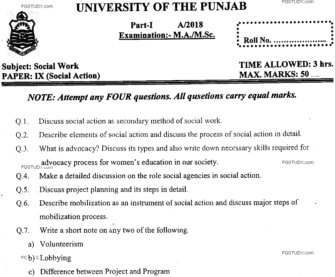 MSc Part 1 Social Work Social Action Past Paper 2018 Punjab University Subjective