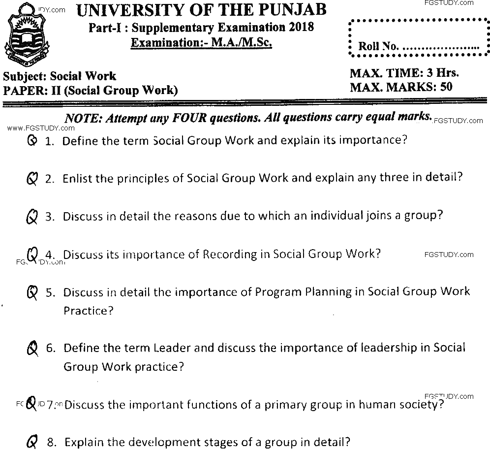 MSc Part 1 Social Work Social Group Work Past Paper 2018 Punjab University Subjective