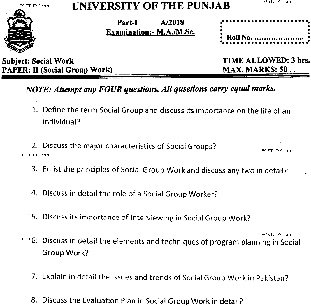 MSc Part 1 Social Work Social Group Work Past Paper 2018 Punjab University Subjective