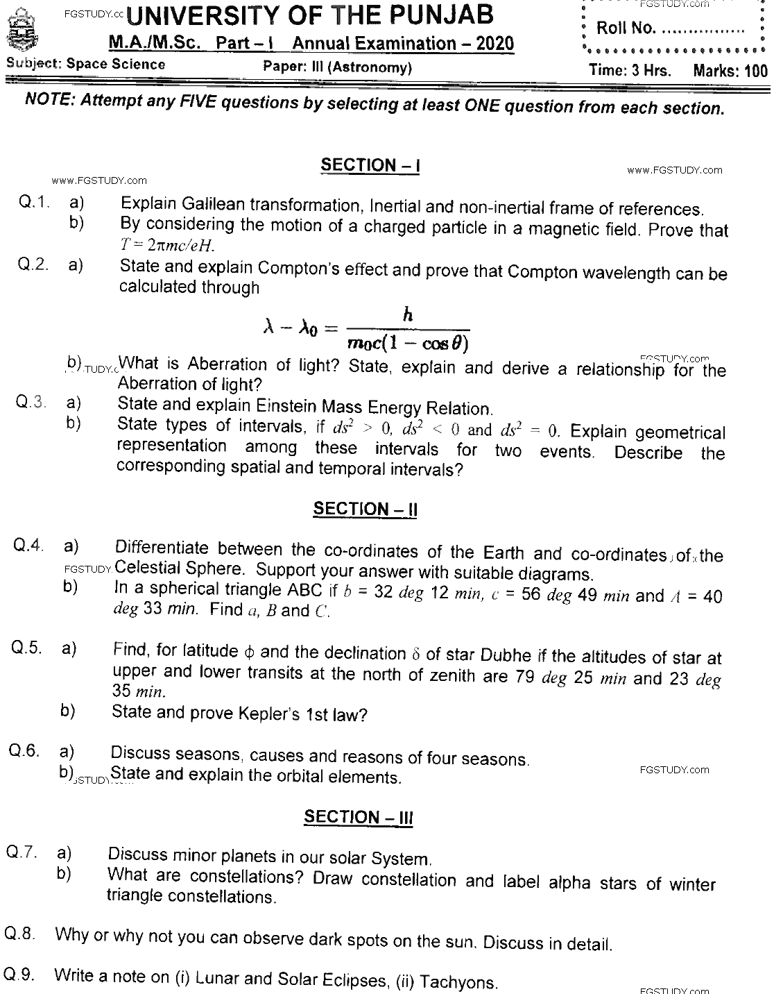 MSc Part 1 Space Science Astronomy Past Paper 2020 Punjab University Subjective