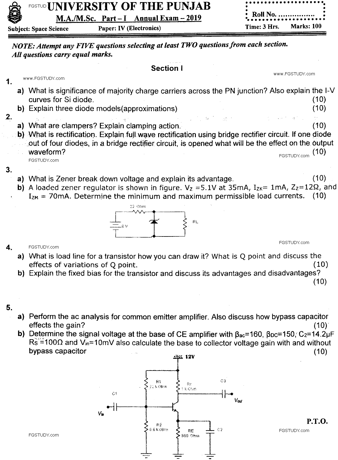 MSc Part 1 Space Science Electronics Past Paper 2019 Punjab University Subjective