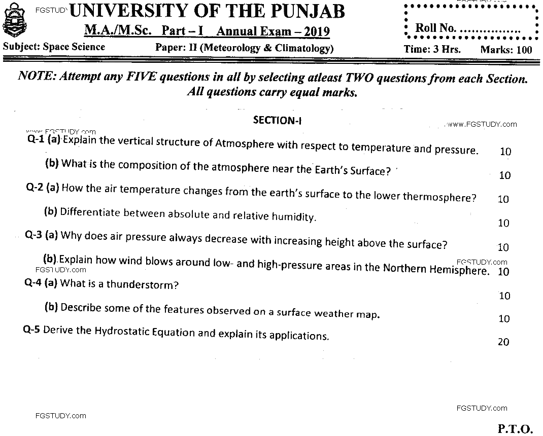MSc Part 1 Space Science Meteorology And Climatology Past Paper 2019 Punjab University Subjective