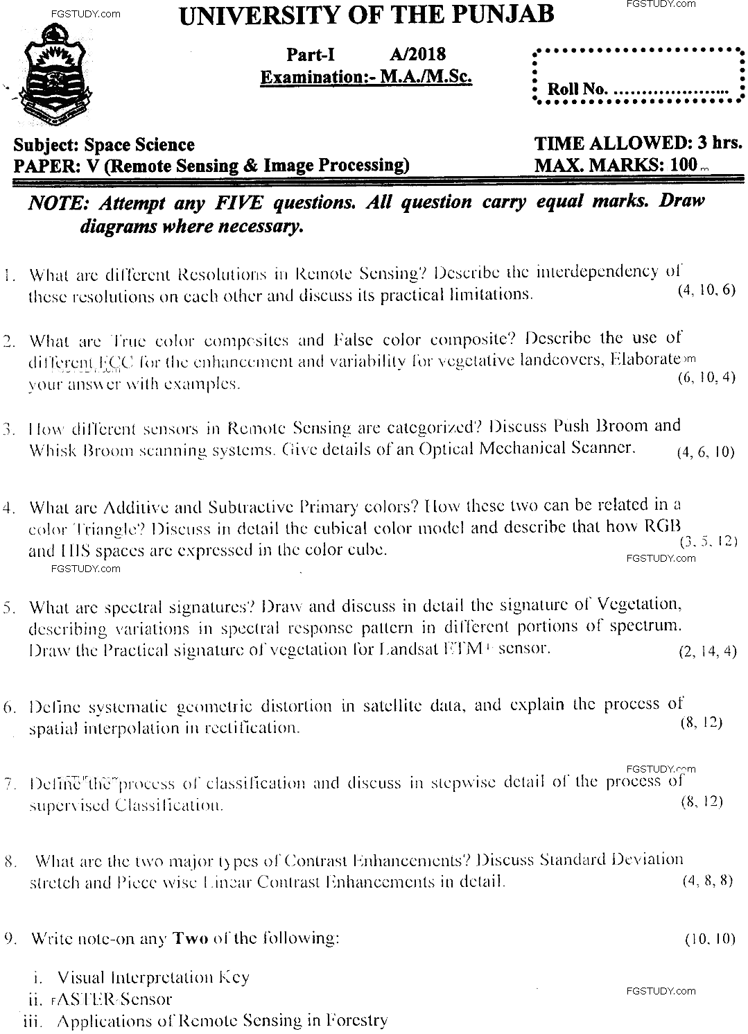 MSc Part 1 Space Science Remote Sensing And Image Processing Past Paper 2018 Punjab University Subjective