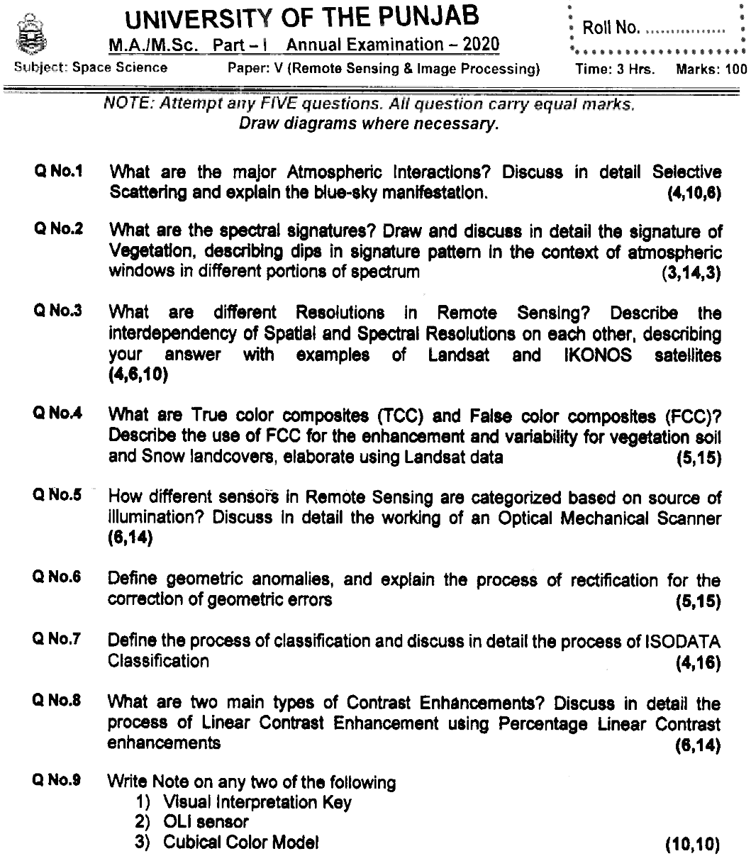 MSc Part 1 Space Science Remote Sensing And Image Processing Past Paper 2020 Punjab University Subjective