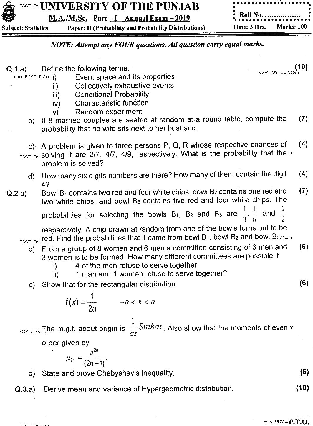 MSc Part 1 Statistics Probability And Probability Distributions Past Paper 2019 Punjab University Subjective