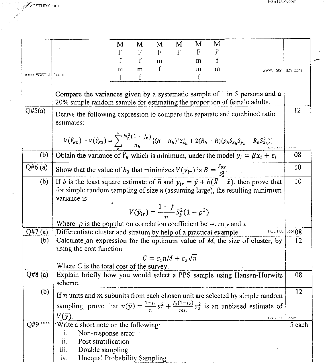 MSc Part 1 Statistics Sampling Techniques Past Paper 2018 Punjab University Subjective
