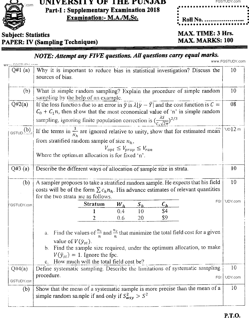 MSc Part 1 Statistics Sampling Techniques Past Paper 2018 Punjab University Subjective