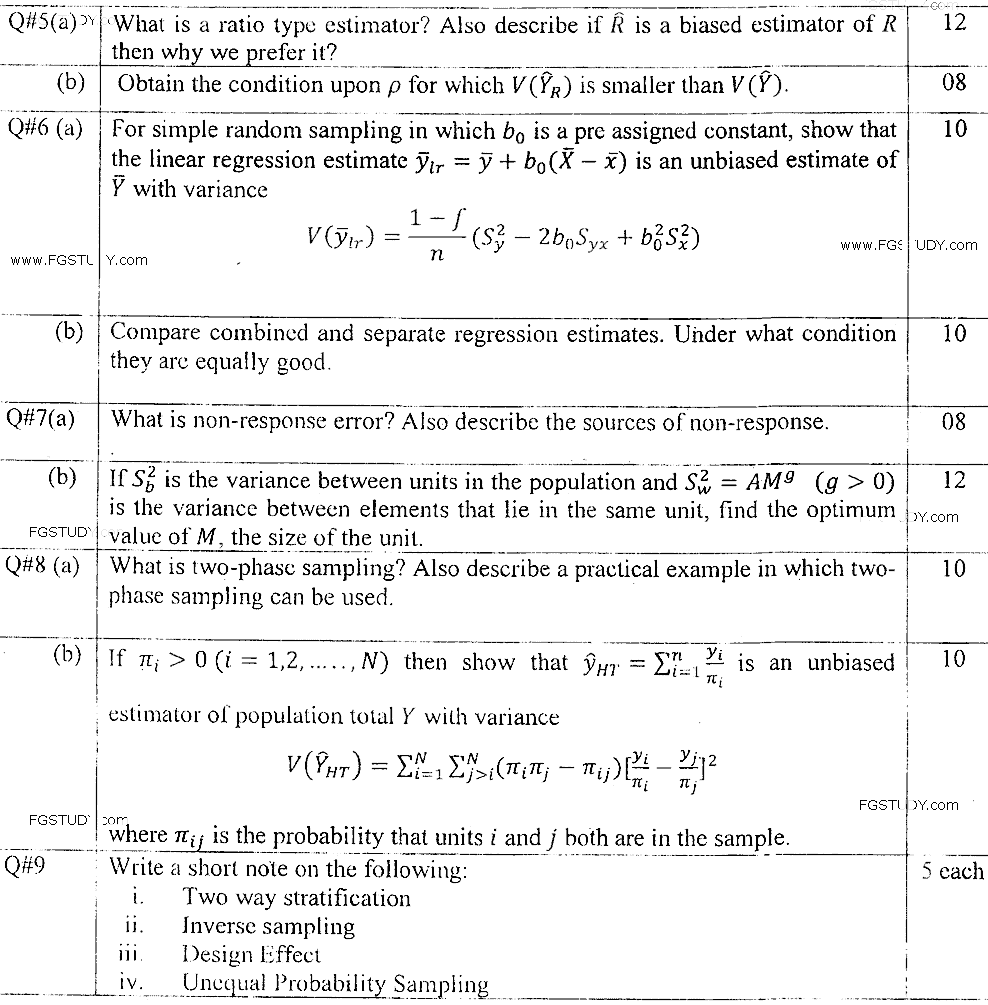 MSc Part 1 Statistics Sampling Techniques Past Paper 2018 Punjab University Subjective