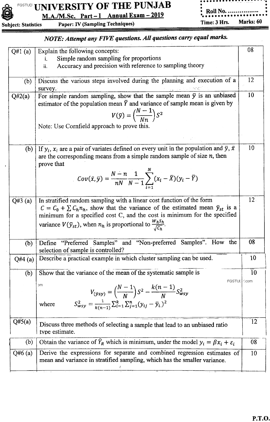MSc Part 1 Statistics Sampling Techniques Past Paper 2019 Punjab University Subjective