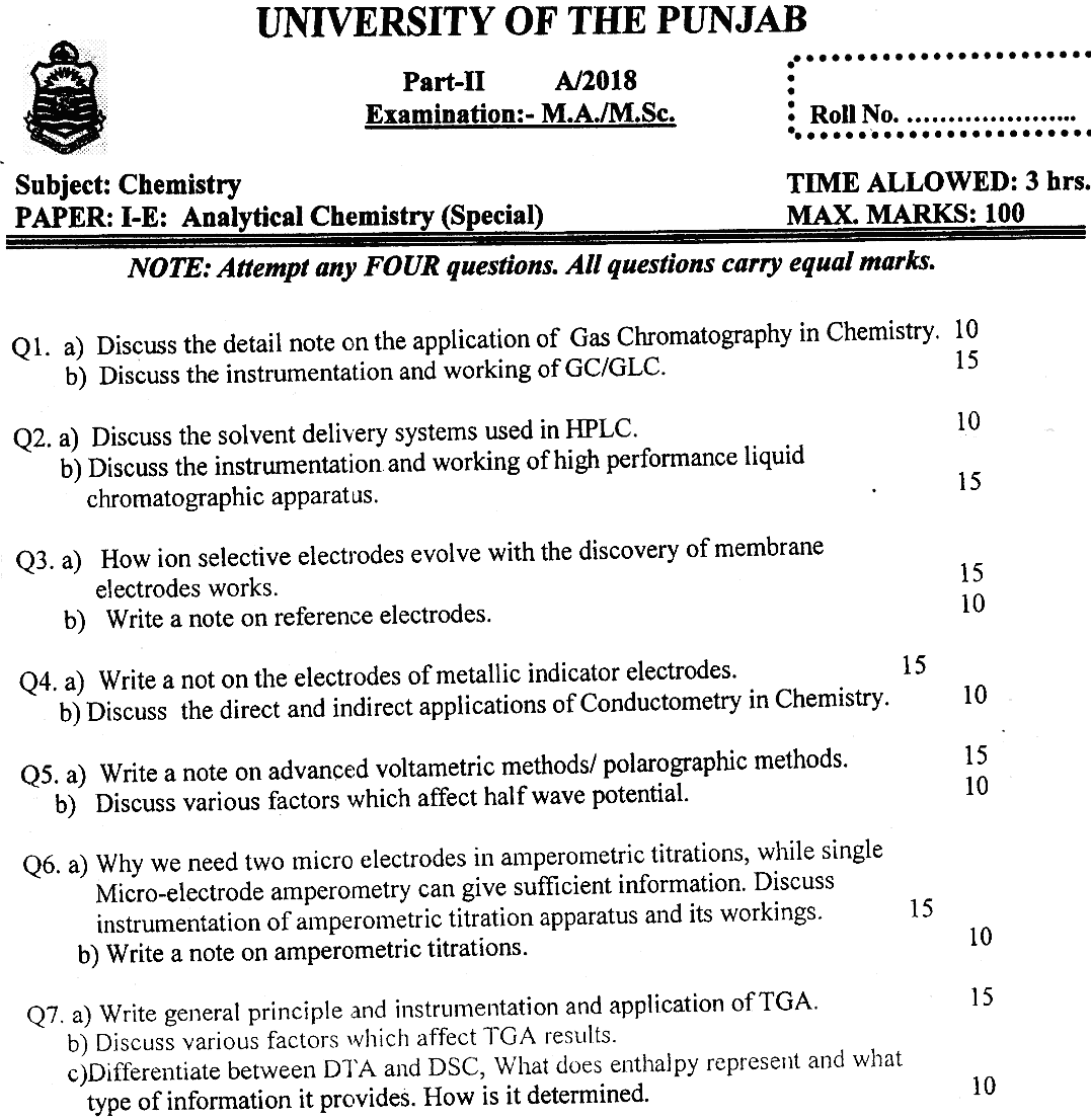 MSc Part 2 Chemistry Analytical Chemistry Past Paper 2018 Punjab University Subjective