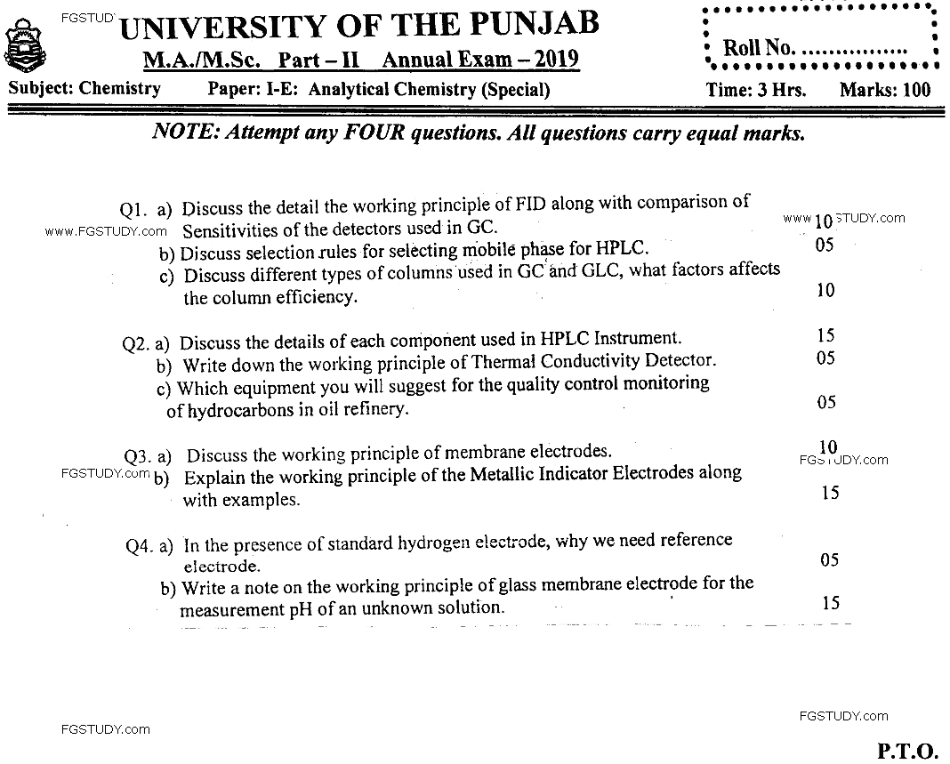MSc Part 2 Chemistry Analytical Chemistry Past Paper 2019 Punjab University Subjective