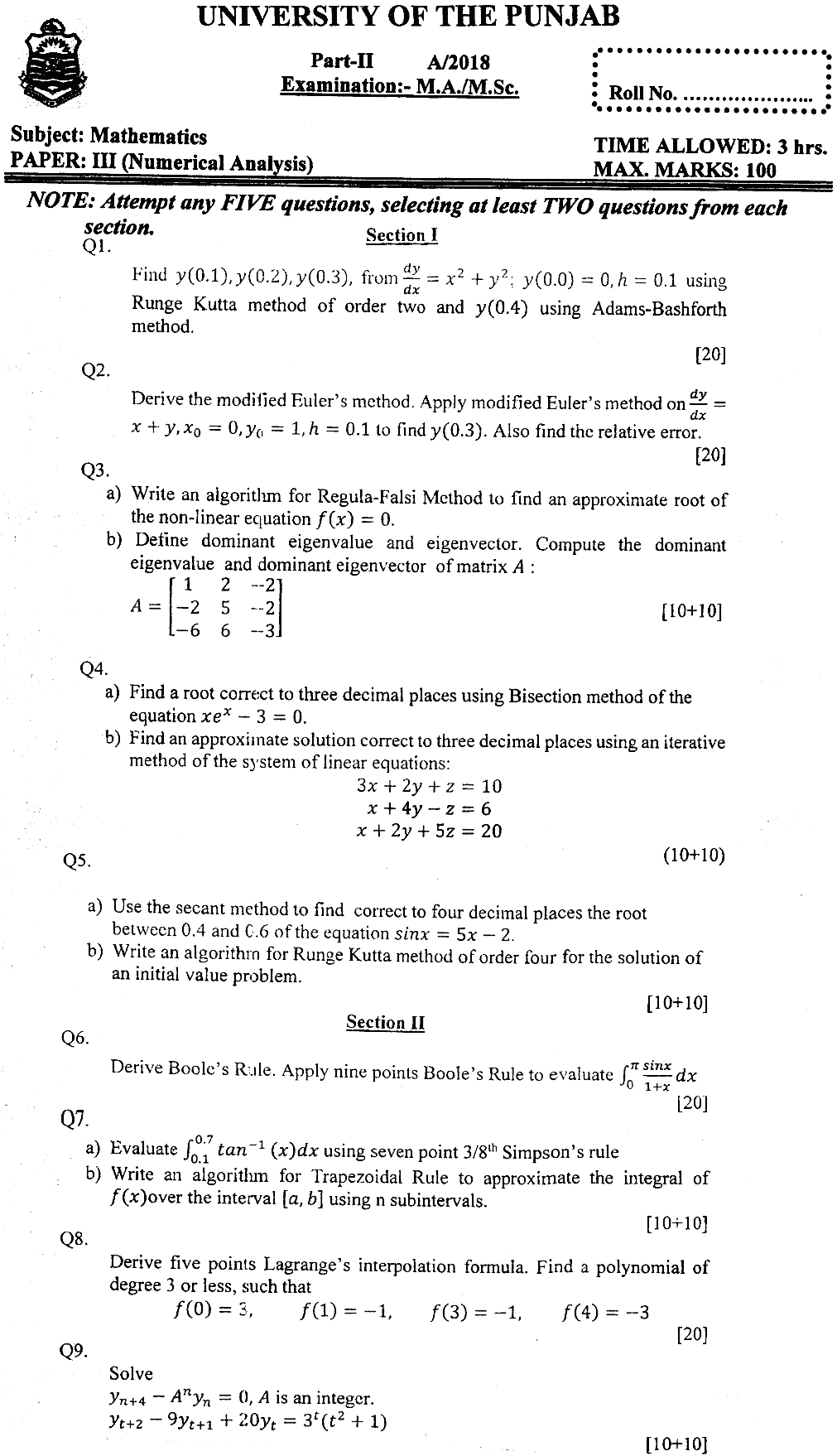 MSc Part 2 Mathematics Numerical Analysis Past Paper 2018 Punjab University Subjective