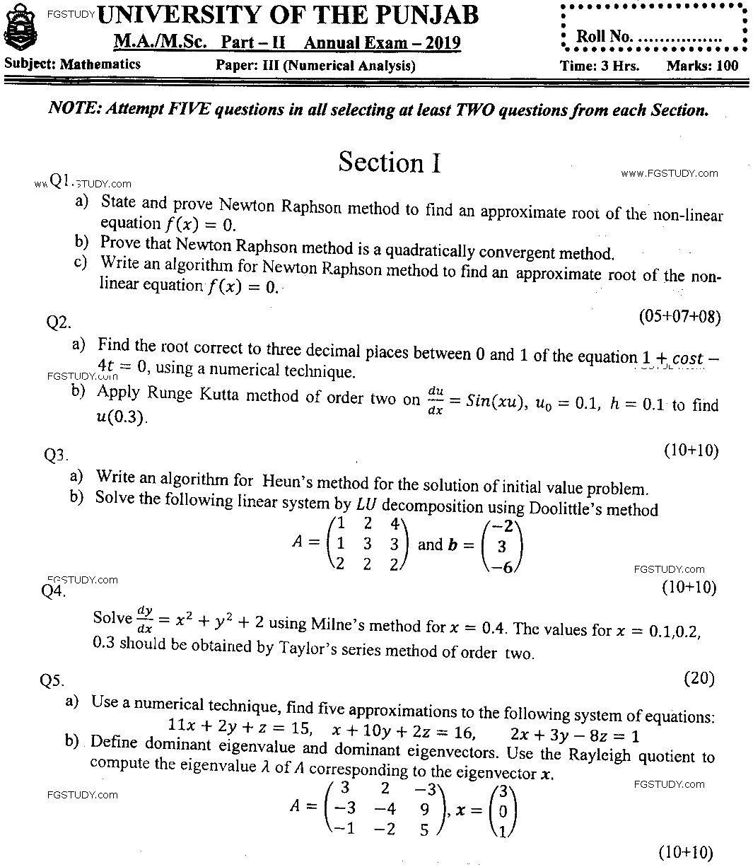 MSc Part 2 Mathematics Numerical Analysis Past Paper 2019 Punjab University Subjective