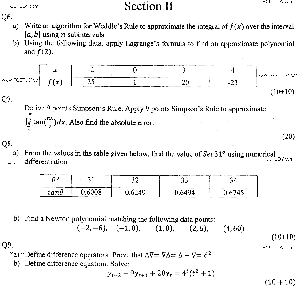 MSc Part 2 Mathematics Numerical Analysis Past Paper 2019 Punjab University Subjective