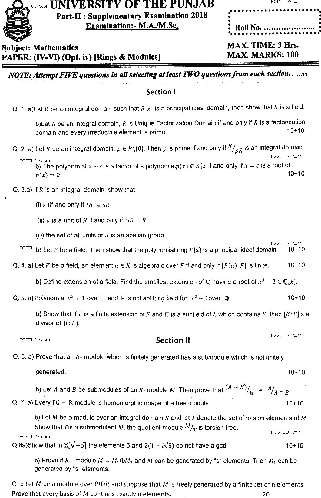 MSc Part 2 Mathematics Rings And Modules Past Paper 2018 Punjab University Subjective