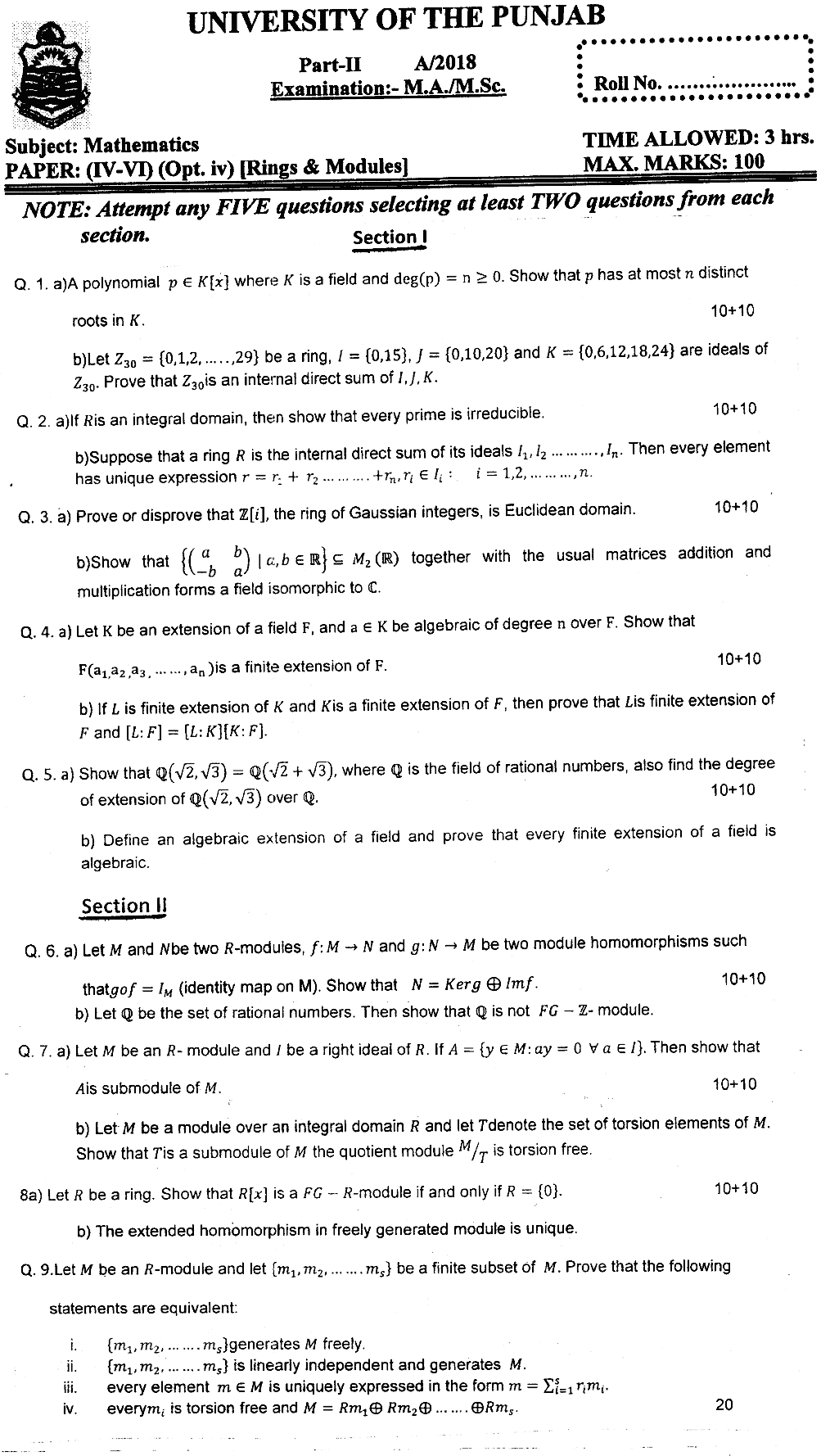 MSc Part 2 Mathematics Rings And Modules Past Paper 2018 Punjab University Subjective
